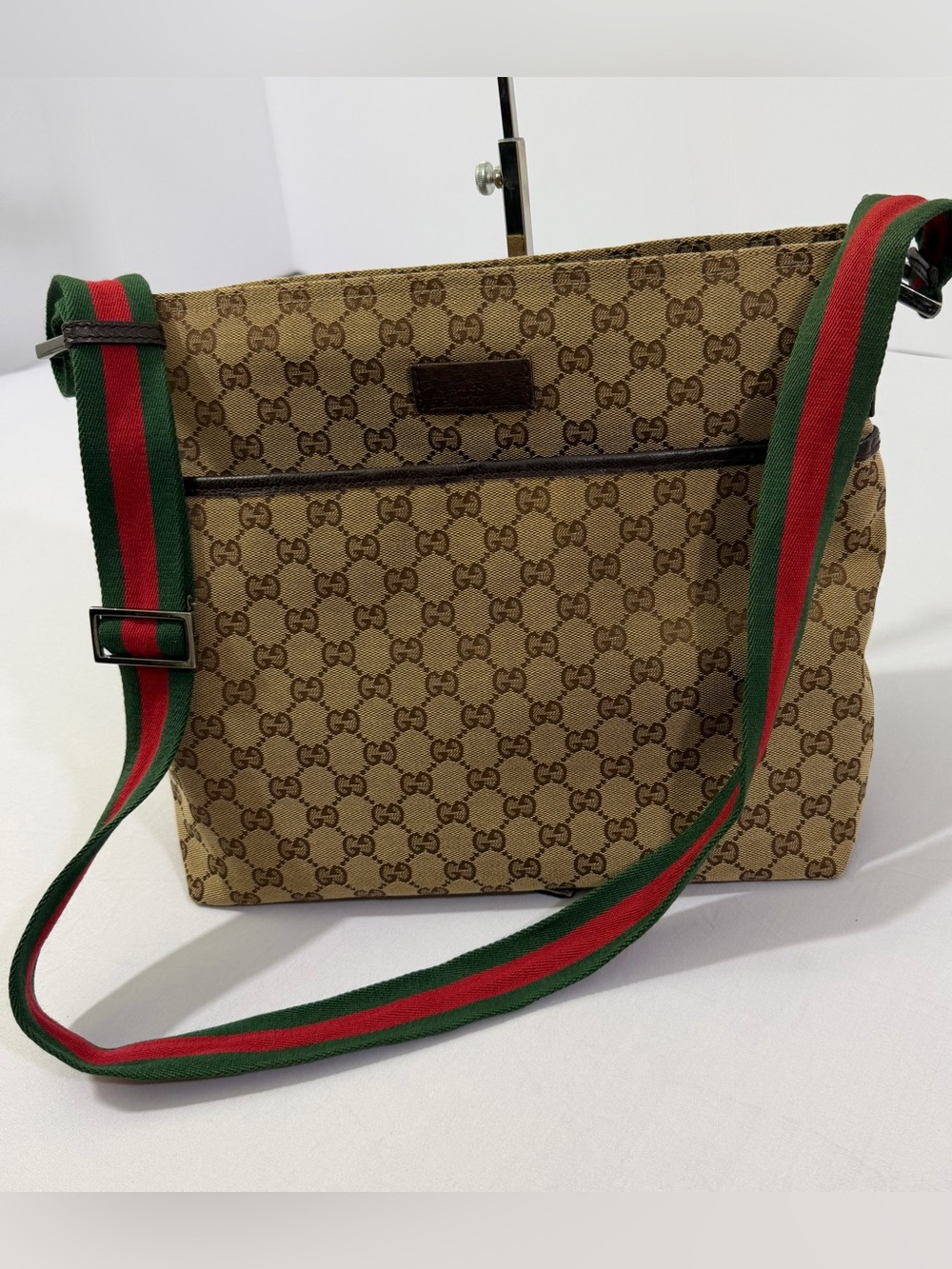 Gucci GG Canvas Web Messenger Crossbody Beige Brown Leather Bag